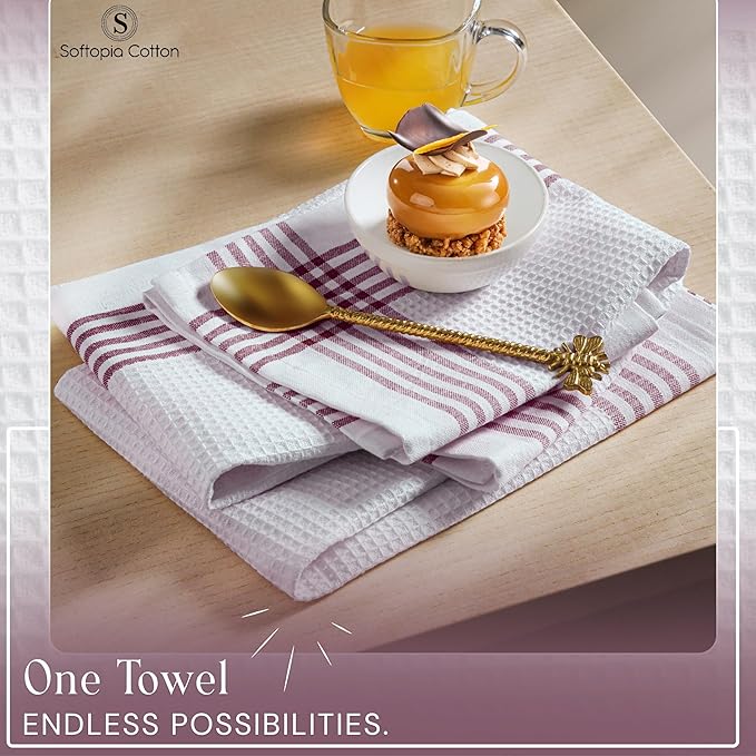 Waffle White & Burgundy Wine Dish Towels Set of 12, 100% Cotton, 16x26 inches, Reusable Cleaning Cloths for Drying Dishes, Quick Dry Kitchen Towel, Durable for Heavy-Duty Use