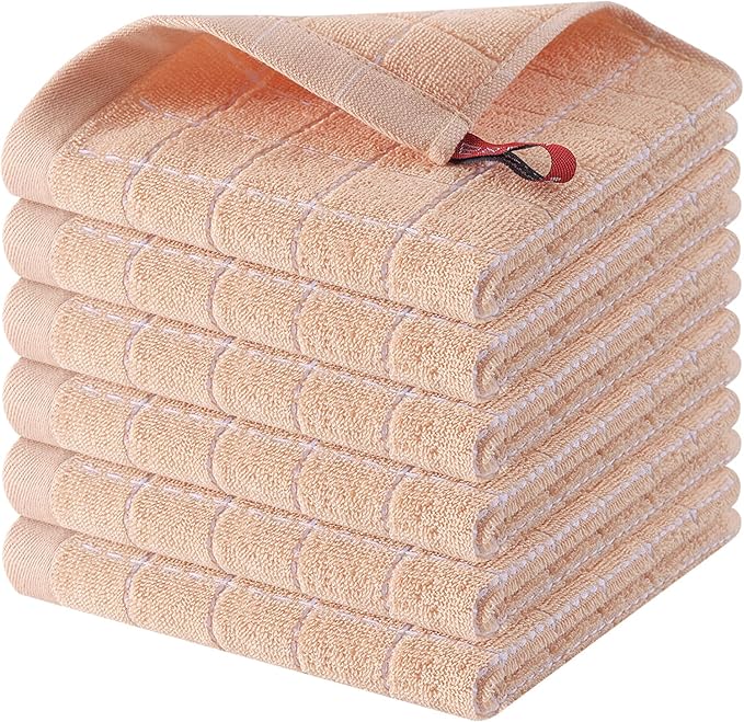 Homaxy 100% Cotton Terry Kitchen Dish Cloths, Ultra Soft and Absorbent Dish Towels for Kitchen, Suitable for Drying and Washing Dishes, 6 Pack, 12 x 12 Inches, Apricot