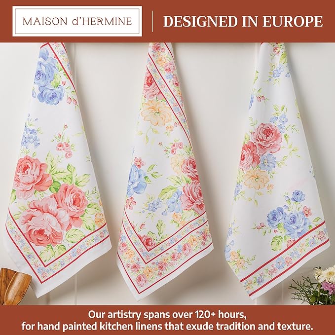 Maison d'Hermine Kitchen Towels Set of 3 100% Cotton 27.50" x 20" Reusable Cloth Tea Dish Towels Absorbent with Hanging Loop for Kitchen,Home,Dining,Cocktail Parties Spring/Summer (Vintage Floral)