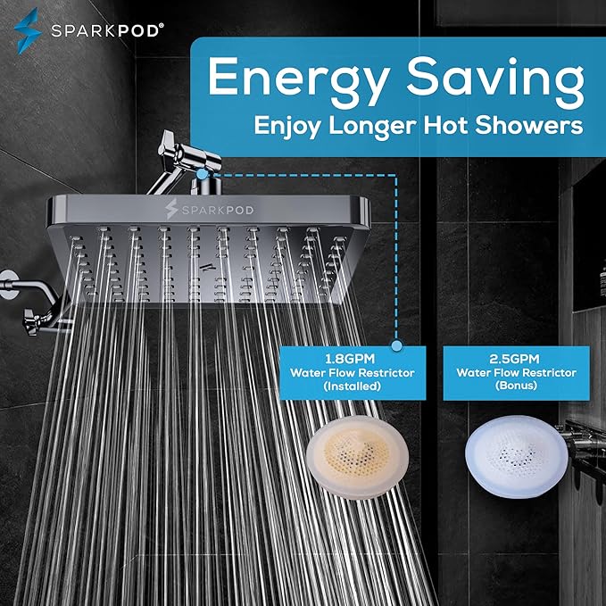 SparkPod Shower Head - High Pressure Rain - Premium Quality Luxury Design - 1-Min Install - Easy Clean Adjustable Replacement for Your Bathroom Shower Heads (Charcoal Grey, 8 Inch Square)