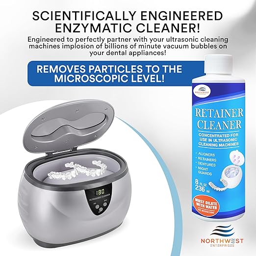 Ultrasonic Retainer Cleaner Solution Concentrate - Ultrasonic Denture Cleaner for Ultrasonic Machines - Cleans Mouthguards, Invisalign, and Nightguards - Odor, Stain and Discoloration Remover (16 oz)