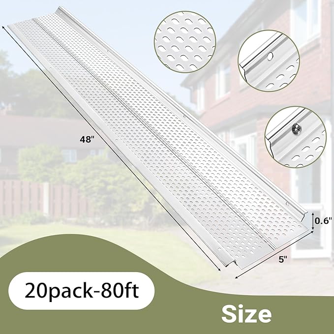 Gutter Guard, 5 inch Aluminum Gutter Guards, 20Pack-80ft, DIY Leaf Guards Protection for Gutters, 5" Rain Gutter Screen for Downspouts & Roof, Prevents Clogs & Debris, with Screws