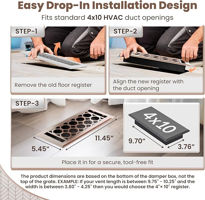 Floor Register 4x10 Vent Cover – 2 Pack – Heavy-Duty Steel, Rustproof & Walkable Grates, Drop-in Install, Adjustable Air Supply Switch - Decorative Honeycomb Design, Satin Bronze