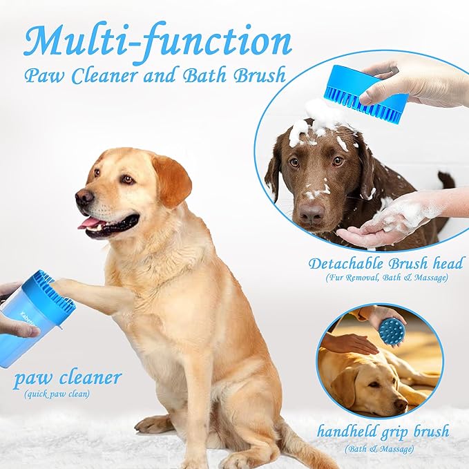 Dog Paw Cleaner Kit - Blue, for L/XL Dogs, Quick Clean No Full Bath, 5-in-1 Bath Grooming Kit, Exclusive Cup-Mounted Brush Head, Grip Silicone Brush, 3 Absorbent Towels, Fits Lab
