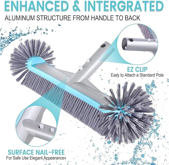 Swimming Pool Brush Head with Round Ends，17.5" Heavy Duty Aluminum Back Head for Cleans Walls, Tiles & Floors, 7 Rows Premium Nylon Bristles with EZ Clips (Blue Grey)