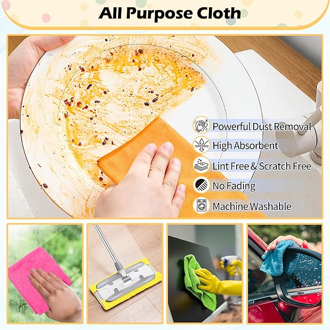FIXSMITH Microfiber Cleaning Cloth, 20 Pack Cleaning Rags, Cleaning Towels for Housekeeping, Kitchen, Car, Lint-Free, Reusable Shop Towels with 5 Colors (Green/Blue/Yellow/Orange/Pink), 12"X12"