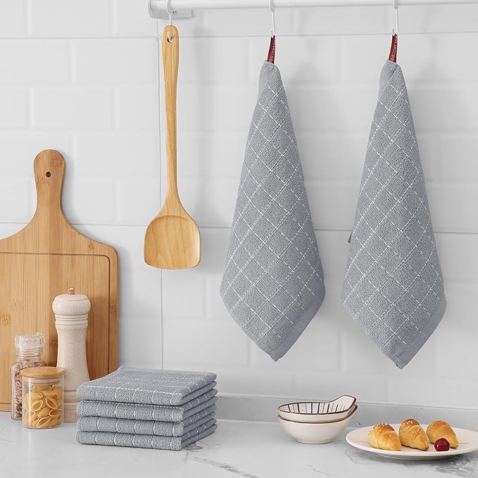 Mordimy 100% Cotton Terry Cloth Dish Cloths, Soft and Absorbent Checkered Dish Towels, Quick Drying Dish Rags for Washing Dishes, 6 Pack, 12 x 12 Inches, Light Grey