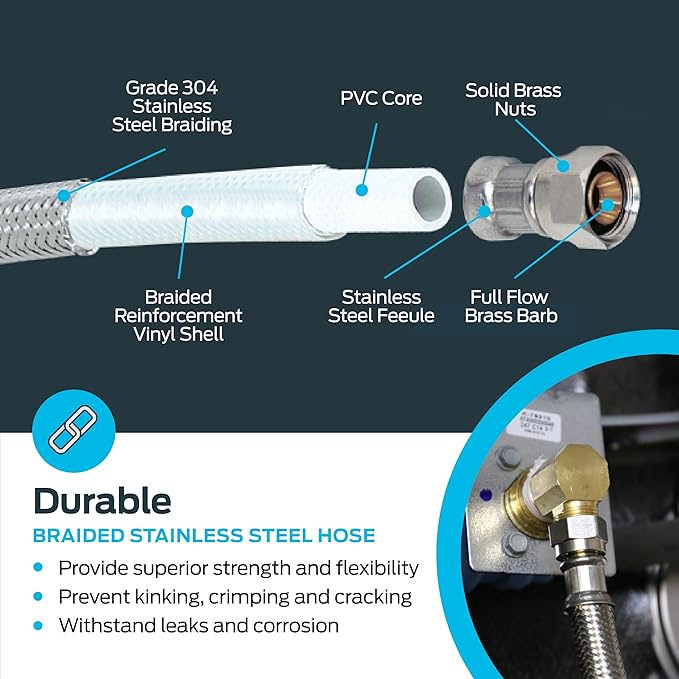 Eastman 6 Ft. Dishwasher Installation Kit, Braided Stainless Steel Supply Line with 3/8 Inch Compression Ends, 3-Prong Straight Power Cord, 41150