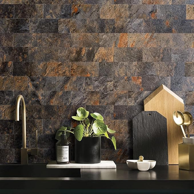 AULIGET 100 Piece Rust Slate Peel and Stick Backsplash Wall Tiles, 3" x 6" PVC Faux Stone Stick on Tiles for Backsplash Kitchen, Bathroom, Laundry Room, Camper, Fireplace