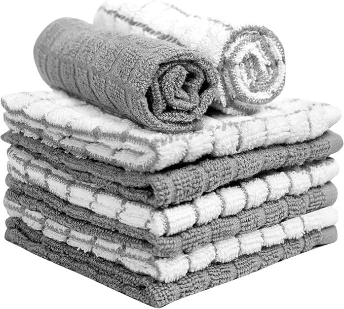 Bumble Premium Cotton Dish Cloths 12" x 12"| Grey Design | 405 GSM | Highly Absorbent & Soft Dish Towels | 100% Natural Ring Spun Cotton Kitchen Towel Set - 6 Pack