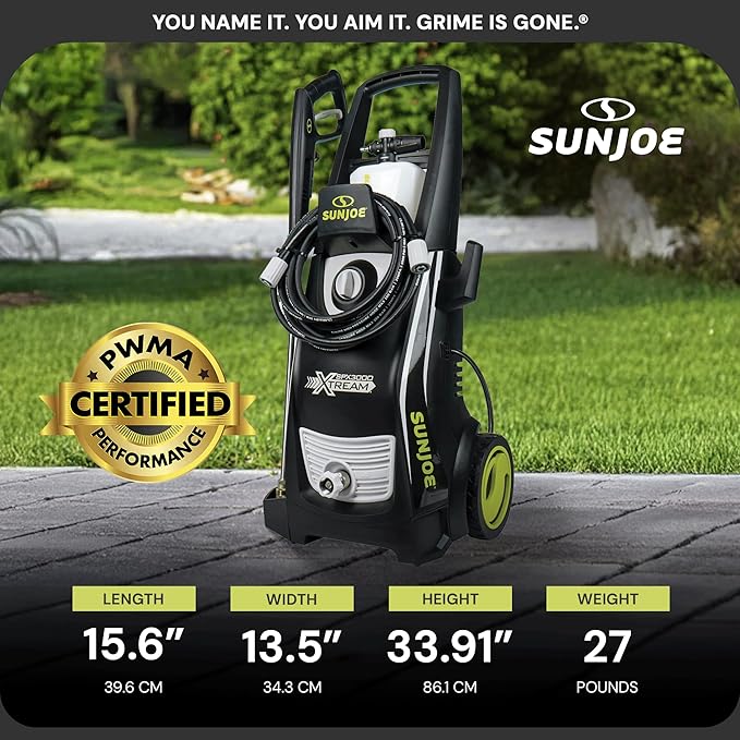 Sun Joe SPX3000-XT1 XTREAM 2,500 PSI Pressure Washer with 14.9A Motor, Includes 4 Quick-Connect Nozzles, High-Pressure Hose, Garden Hose Adapter, and 35-Foot Power Cord