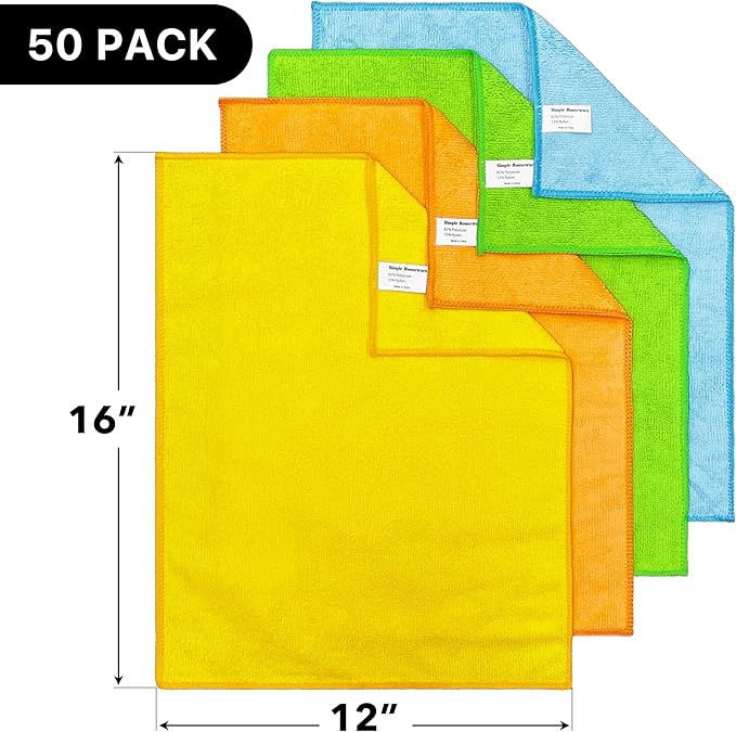 Simple Houseware Microfiber Cleaning Cloth 50 Pack, 12" x 16", 4 Colors