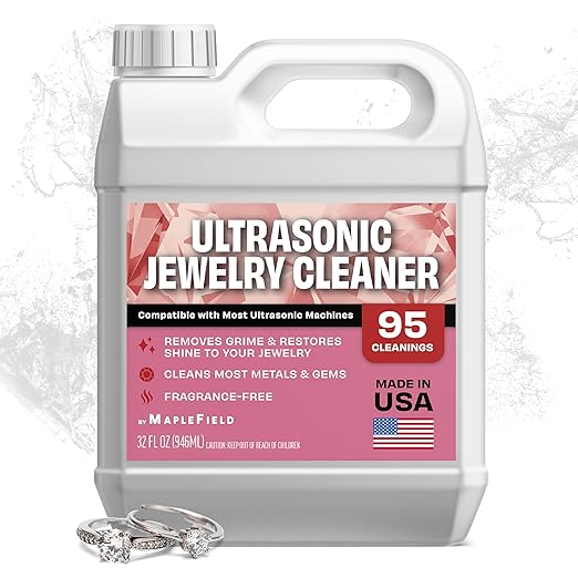 Maplefield Ultrasonic Jewelry Cleaner Solution 32oz – Concentrated Professional Jewelry Cleaning Formula for Ultrasonic Machines, Safely Removes Dirt, Grime & Tarnish from Gold, Silver & Gemstones