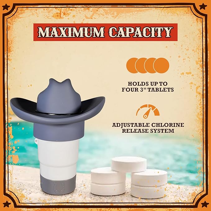 Cowboy Hat Western Floating Pool Chlorine Dispenser - Large Capacity Floater for 3" Tabs, Adjustable Flow, Unique Added Buoyancy, Weather Durable PP & ABS in Brown or Gray (Gray)