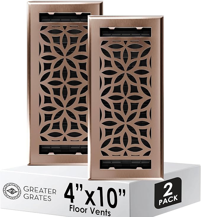Floor Register 4x10 Vent Cover – 2 Pack – Heavy-Duty Steel, Rustproof & Walkable Grates, Drop-in Install, Adjustable Air Supply Switch - Decorative Floral Design, Satin Bronze