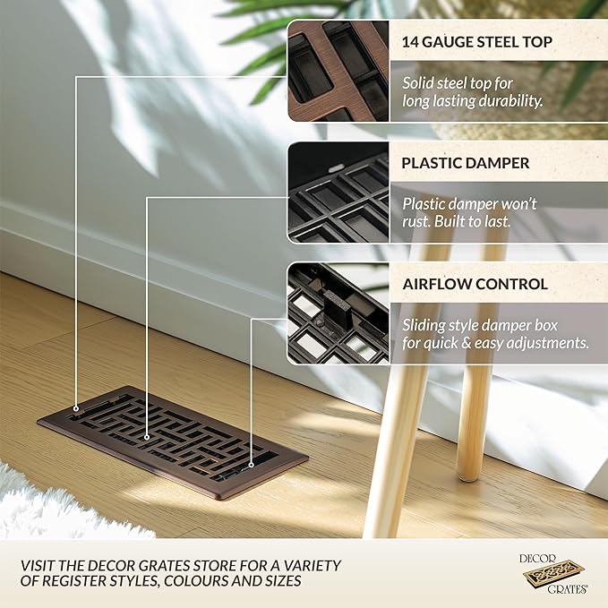 Decor Grates Metal Oriental Decorative Air Vent Cover 4x10 Floor Register – Adjustable Control Lever – AC Floor Vent Covers for Home Floor Vents – Fits 4 x 10 Inch Opening – Rubbed Bronze (AJH410-RB)