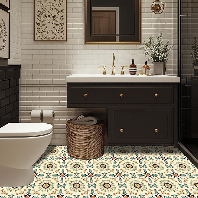10PCS 12x12 Inch Moroccan Mosaic Peel and Stick Floor Tiles Removable Self Adhesive Vinyl Flooring Stickers for Bathroom Entryway Kitchen Home Decor