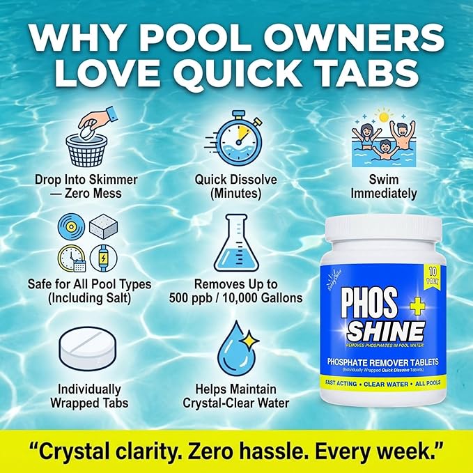 Phosphate Remover Pool Tablets - Quick Dissolve Skimmer Tabs, Individually Wrapped, 1 Tablet Treats 10,000 Gallons, Removes Up to 500 ppb, Salt and Chlorine Safe, Pool Chemicals, 10 Pack - BubbyShine