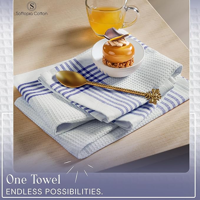 Waffle White & Indigo Blue Kitchen Towels 12 Pack, 100% Cotton, 16x26 inches, Premium Dish Towel, Long Lasting Bar Mop Cloths, Perfect for Drying Dishes, Cooking and Cleanup