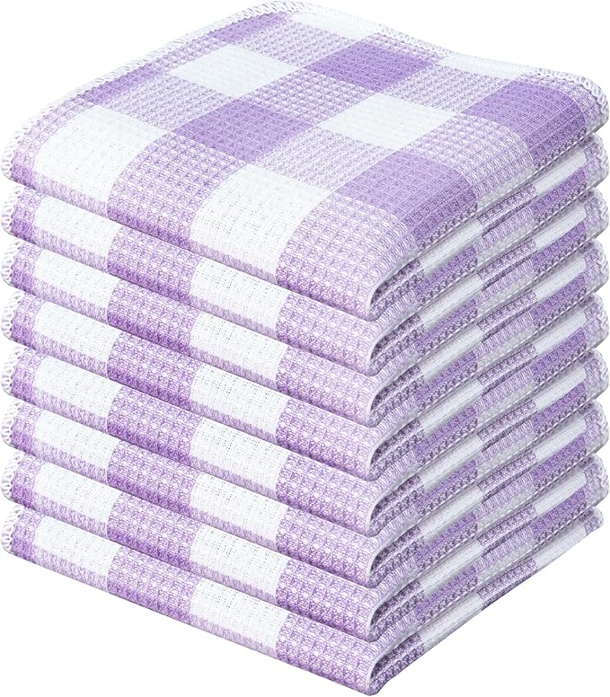 PurpleEssences Waffle Weave Plaid Dish Cloths, 100% Cotton, 12x12 Inch, Soft Absorbent Quick Drying Buffalo Check Dish Rags for Kitchen, 8 Pack, Christmas Holiday Winter - Lavender & White