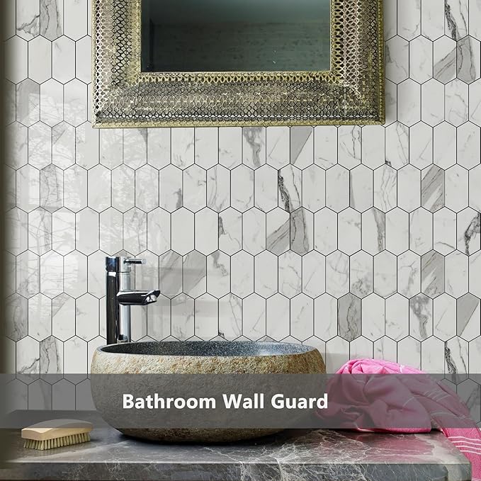 Vamos Tile Long Hexagon Peel and Stick Backsplash Tile - 10 Sheets Stick on Backsplash for Kitchen and Bathroom 12.4 x 12 Inch Glossy Carrara White PVC Self Adhesive Mosaic Wall Tiles