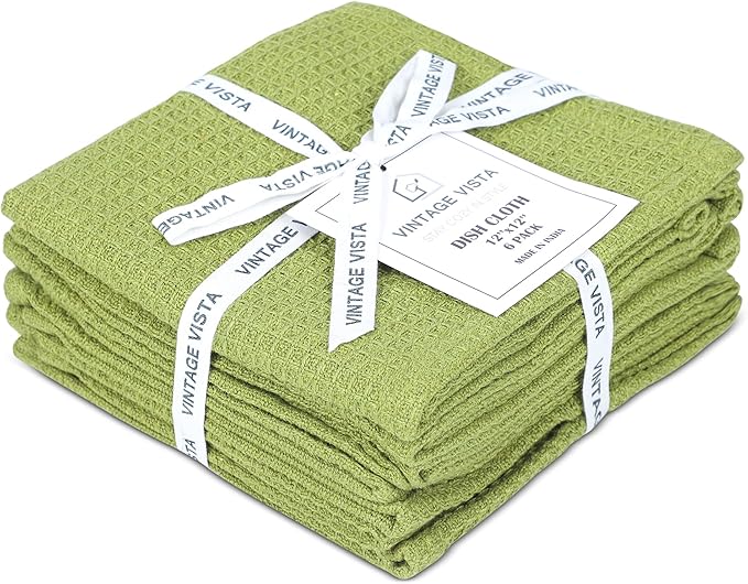 Vintage Vista 100% Cotton Waffle Dish Cloths (Pack of 6) - Dish Rags for Washing Dishes - Reusable & Highly Absorbent Kitchen Towels - Kitchen Rags for Christmas - (12" x 12" - Light Green)
