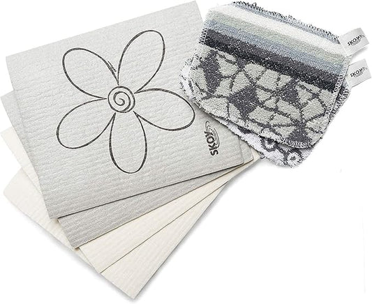 Skoy Bundle, 2-Pack Skoy Scrub, and 4-Pack Skoy Swedish Dishcloth, Reusable Cleaning Products for Kitchen and Household, Planet-Friendly, Dishwasher Safe Soft Scrub, Monochromatic Colors