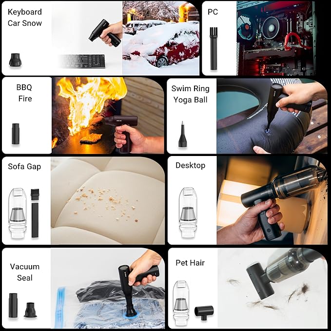 2025 Upgraded Metal Compressed Air Duster and Vacuum Cleaner 8-in1 Replaced Can Air, 110k RPM, 4000mAh, Quick Charge Cordless Jet Blower for Keyboard-Office-Home-Electronic-Inflator