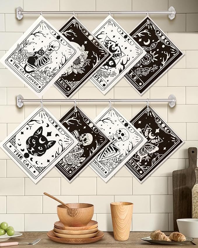 8 Pack Reusable Kitchen Dishcloths - Absorbent, Fast Drying, Washable Swedish Towels with Cute Black Skull Design