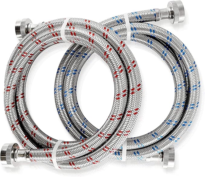 K&J Premium 4ft Stainless Steel Washing Machine Hoses Burst Proof 2 Pack - Hot and Cold Water Supply Hoses for Washing Machines