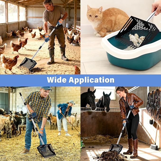 2-in-1 Chicken Poop Scooper & Rake, 10 Inch Coop Sand Sifting Shovel with 37" to 65" Adjustable Stainless Steel Handle, Litter Cleaning Tools with Gloves for Chicken Coop Farm Animals (Black)