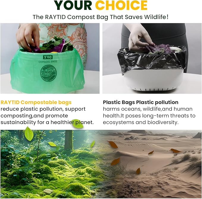 RAYTID Compostable trash Bags 2.6 Gallon Compost Bags for Kitchen Countertop Bin 1.3,2,3, Gallon, 120 Count,Small Kitchen Food Scrap Waste Bags,ASTM D6400, US BPI & Europe OK Compost Home Certified