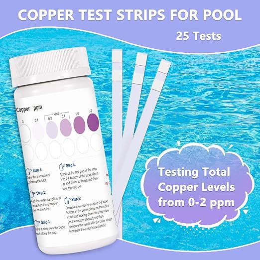 Copper Test Strips for Pool Water: 25 Counts Pool Copper Test Kit for Testing Range 0-2 ppm Copper in Swimming Pool Hot-Tub Spa - Pool Metal Test Kit for Above-Ground and Inground Pool Testing Copper