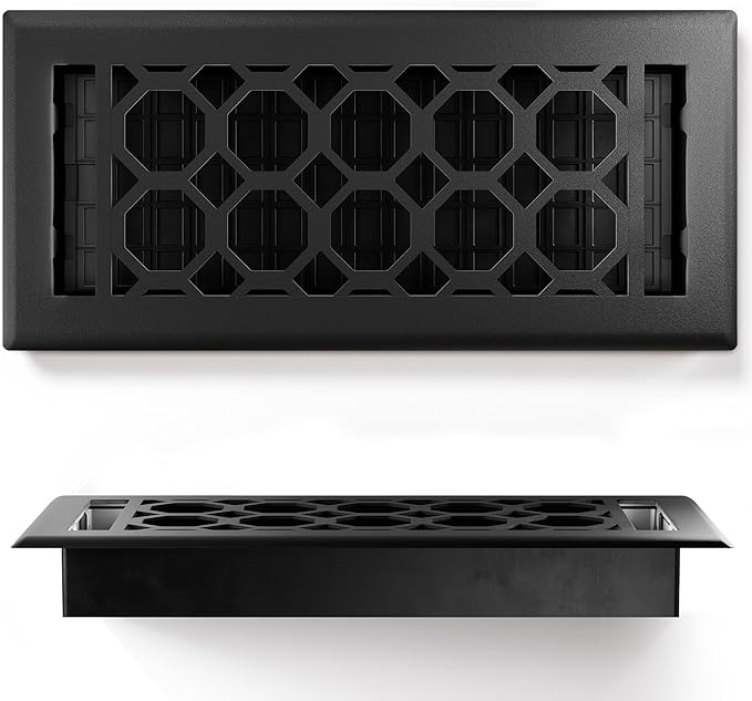 Floor Register 4x10 Vent Cover – 2 Pack – Heavy-Duty Steel, Rustproof & Walkable Grates, Drop-in Install, Adjustable Air Supply Switch - Decorative Honeycomb Design, Textured Black