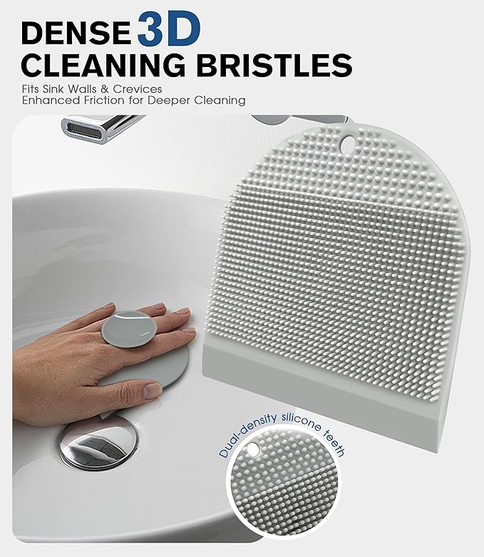 2 Pack Silicone Sink Cleaning Brush with Squeegee, Flexible Non-Scratch Dish Scrubber for Kitchen and Bathroom Sink, Countertop & Dishwashing, Suction Cup Hanging Design (Gray)