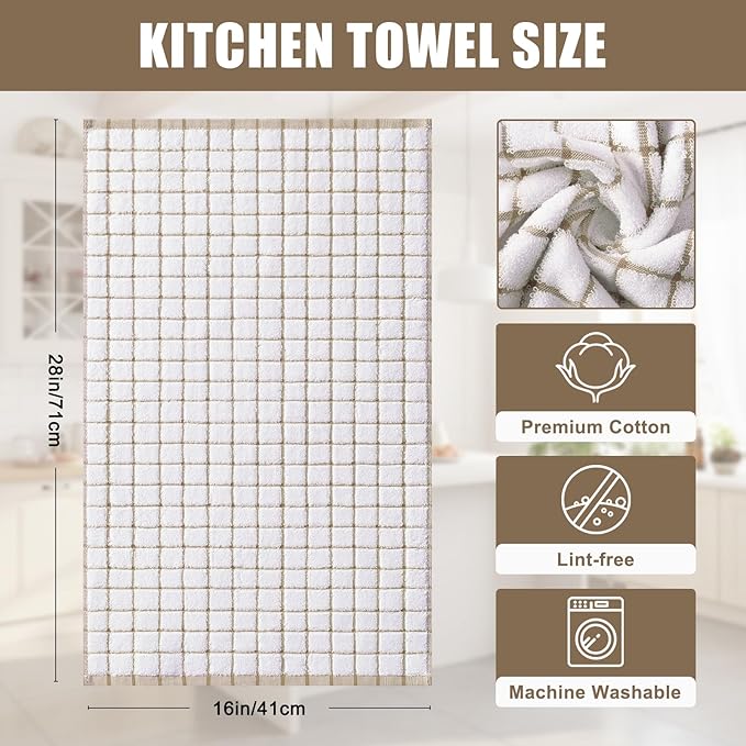Homaxy Premium Kitchen Towels(16”x 28”, 8 Pack), Large Ring Spun Cotton Dish Towels, Super Absorbent Soft Terry Kitchen Hand Towels, Check Design Tea Towel Set with Hanging Loop, Tan
