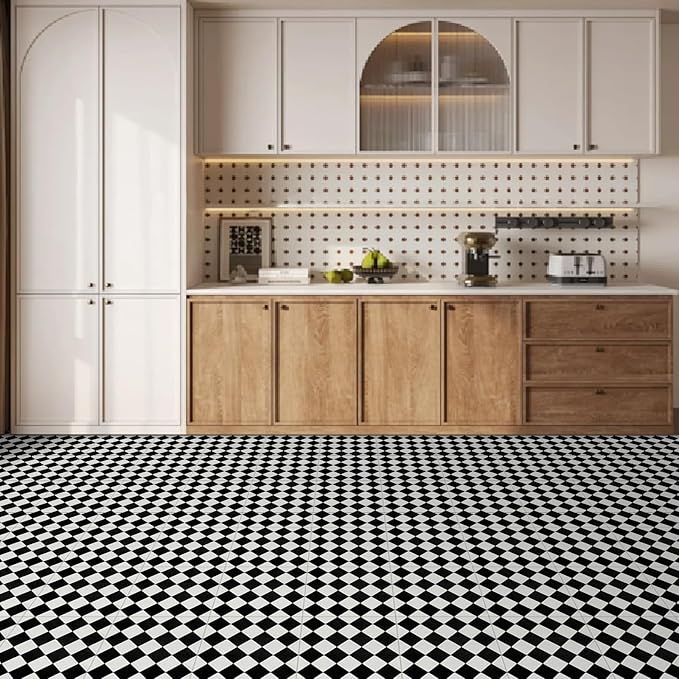Elffloor Peel and Stick Floor Tile: 10pc 11.8 * 11.8in Self-Adhesive Waterproof Vinyl Flooring Black and White Tiles Sticker for Bathroom, Kitchen, Bedroom, Living Room ﻿