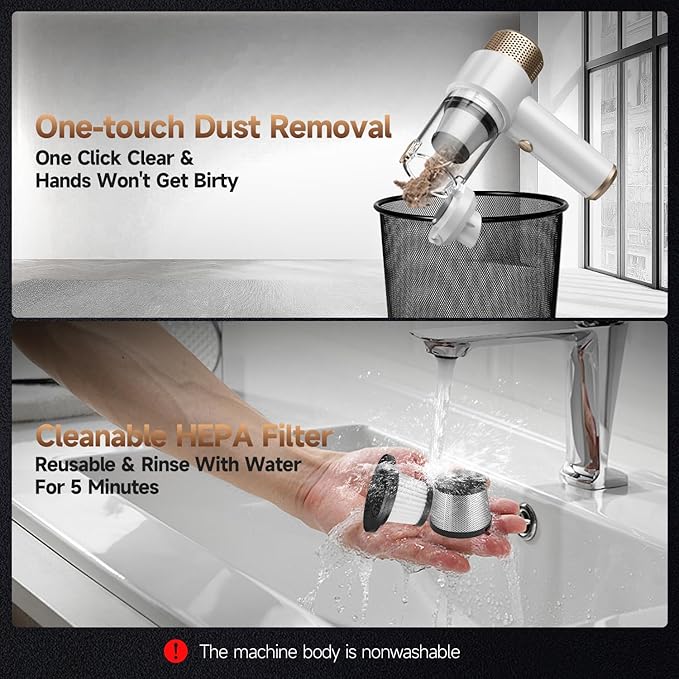 Car Vacuum Cleaner, 16000PA Mini Car Vacuum Cordless Powerful, 7 in 1 Portable Handheld Vacuum Cordless with LED Light, Dual Filters, One-Touch Empty for Pet Hair, Home, Office