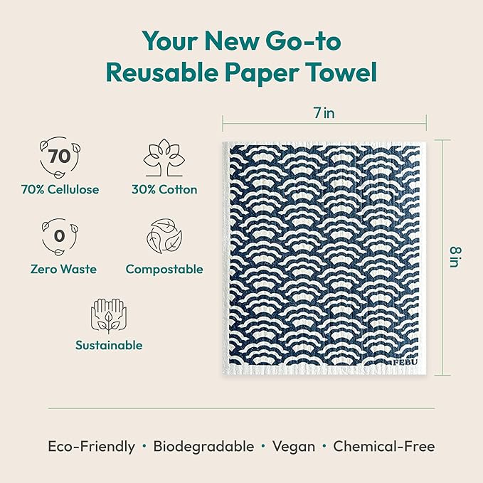 FEBU Swedish Dishcloths for Kitchen | 5 Pack Fruit Pattern Reusable Paper Towels Washable | Swedish Dish Towels | Non-Scratch Cellulose Sponge Cloths | No Odor, Biodegradable Cleaning Cloths