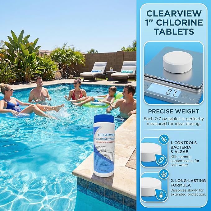 ClearView Stabilized Chlorine Tablets 1 Inch 2 Lbs for Pools, Slow-Dissolving 1" Chlorinating Tablets Sanitizer for Spas and Hot Tubs