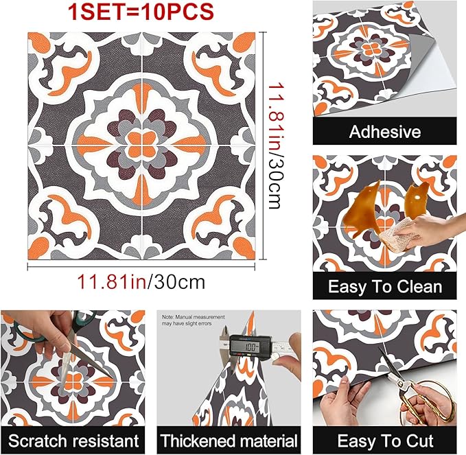 10PCS 12x12 Inch Vintage Floral Pattern Peel and Stick Floor Tiles Removable Self Adhesive Vinyl Flooring Stickers for Kitchen Entryway Balcony Coffee Corner Decor