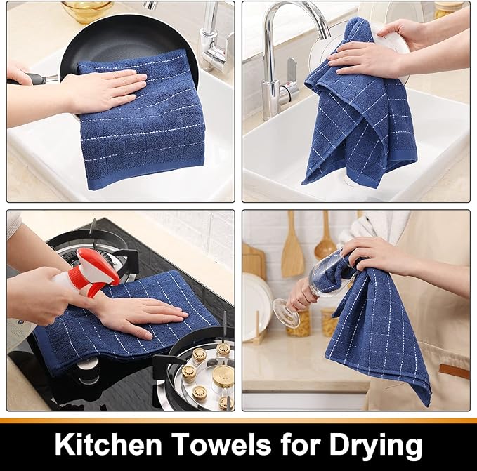 Mordimy 100% Cotton Terry Cloth Kitchen Towels, Super Soft and Absorbent Dish Towels for Drying, Checkered Designed Hand Towels for Kitchen, 16 x 26 Inches, 4 Pack, Navy