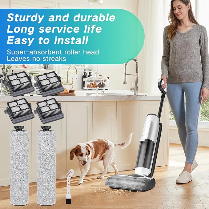 Roller Brush and Filters Replacement Parts for Tineco Floor One S5 Steam/IFloor 5 Steam Cordless Wet Dry Vacuum Cleaner- 2 Roller Brushes + 4 HEPA Filters + 1 Cleaning Brush (7 Pcs)