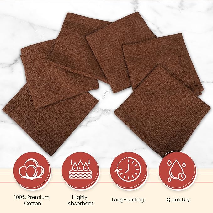 Vintage Vista 100% Cotton Waffle Dish Cloths (Pack of 6) - Dish Rags for Washing Dishes - Reusable & Highly Absorbent Kitchen Towels - Kitchen Rags for Christmas - (12" x 12" - Brown)