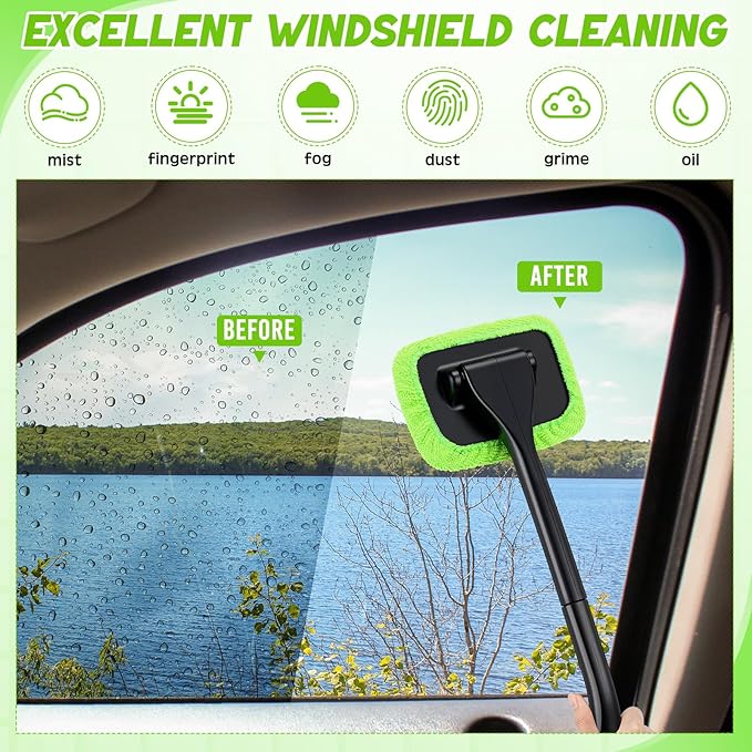 8 Pcs Car Windshield Cleaner Tool Kit with Removable Handle, Microfiber Towel Pads, Brush, Empty Spray Bottle for Auto Glass Wiper Suvs Rvs & Home Windows(Green)