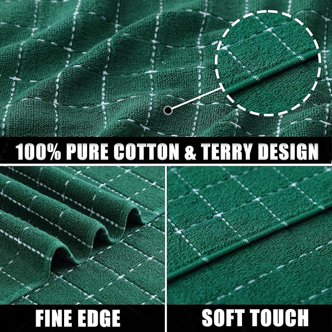 Mordimy 100% Cotton Terry Cloth Kitchen Towels, Super Soft and Absorbent Dish Towels for Drying, Checkered Designed Hand Towels for Kitchen, 16 x 26 Inches, 8 Pack, Dark Green