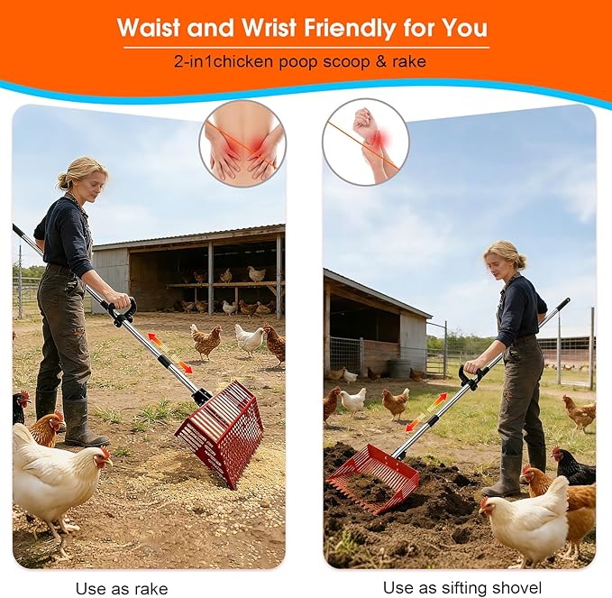 Heavy Duty Chicken Poop Scooper & Rake 2 in 1,Adjustable Angle Handle Chicken Coop Metal Litter Scoop & Sand Sifting Shovel,Pooper Scooper for Dog,Cat,Poultry,Farm Animals,34"-66"