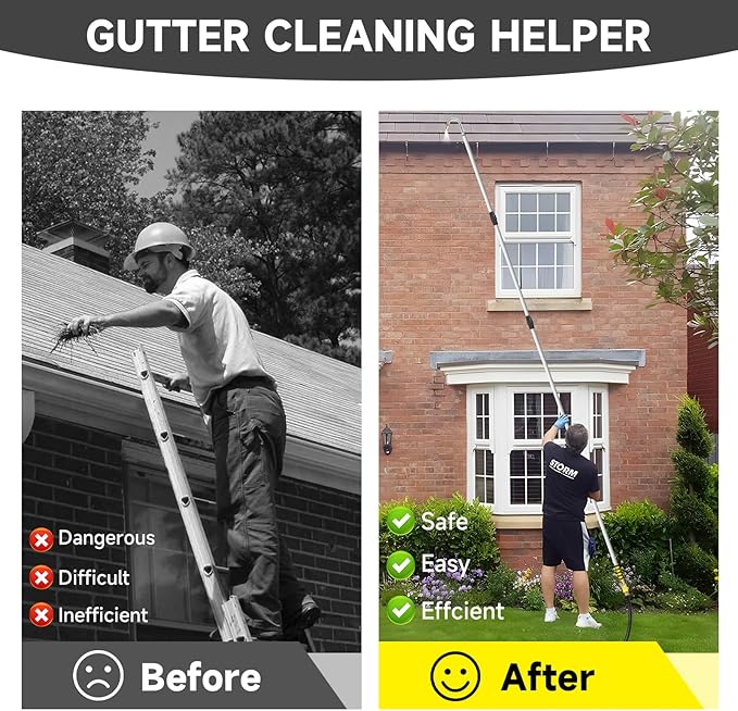 12FT Gutter Cleaning Tools,Up to 20FT Gutter Cleaner Tools from the Ground with Hose Attachment, Rain Gutters Cleaning Tool with Heavy-Duty Head for 2nd Story House