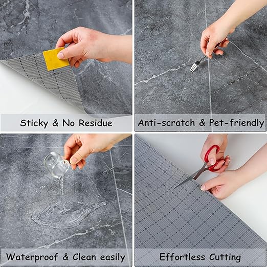 Freshtour Vinyl Flooring Roll, Versatile Removable PET Leather-Like Floor Covering, Waterproof & Durable, Easy Tape Installation, Cost-Effective for Any Room, Grey Marble/ 32.29 Sq.ft (39.3" x 118")