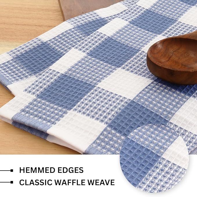 PurpleEssences 100% Cotton Waffle Weave Check Plaid Kitchen Towels, Super Soft and Absorbent Dish Towels for Drying Dishes 15x25-6 Pack - Christmas Holiday Winter - Smoky Grey and White